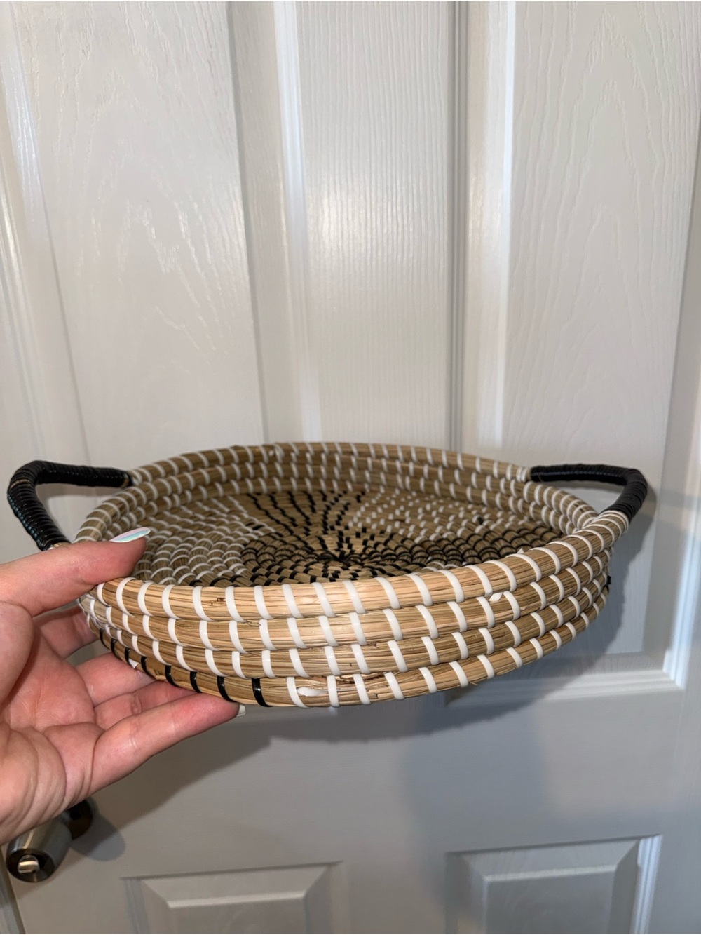 Handwoven Natural and Black Round Serving Tray with Wrapped Handles